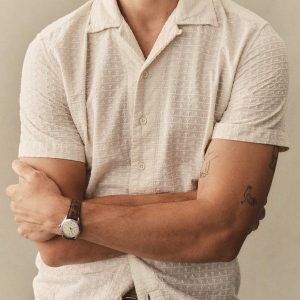 The Davis Shirt in Vintage White Embroidered Stripe