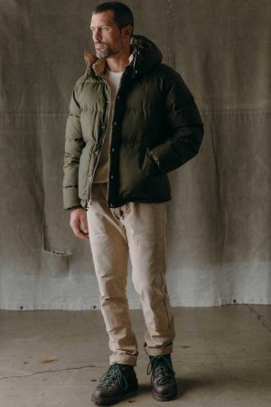 The Down Sweater in Olive Waxed Ripstop