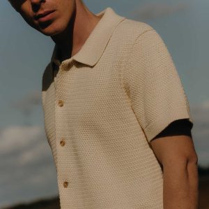 The Button Down Polo in Heather Oat Crochet
