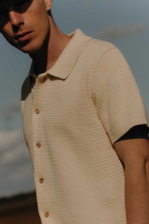 The Button Down Polo in Heather Oat Crochet
