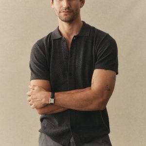 The Button Down Polo in Charcoal Herringbone