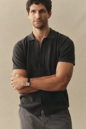 The Button Down Polo in Charcoal Herringbone